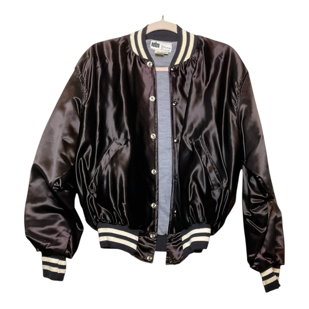 Vintage NBC satin bomber jacket with‎ large peacock patch on back, size XL